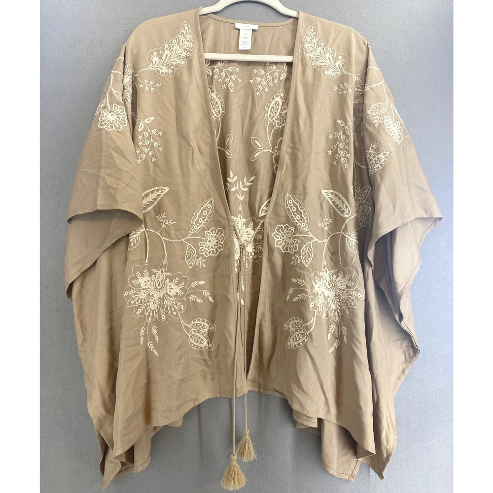 Taupe Embroidered Floral Kimono Wrap Boho Tassel Detail Coastal One Size Women